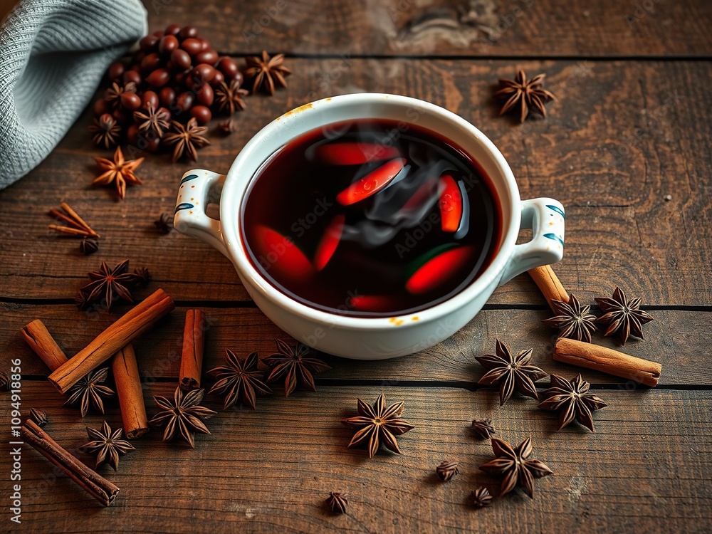 A steaming bowl of mulled wine on a weathered wooden table topped with a scattering of cinnamon sticks cloves and star anise, comforting drinks, rustic interior A steaming bowl of mulled wine on a weathered wooden table topped with a scattering of cinnamon sticks cloves and star anise, comforting drinks, rustic interior