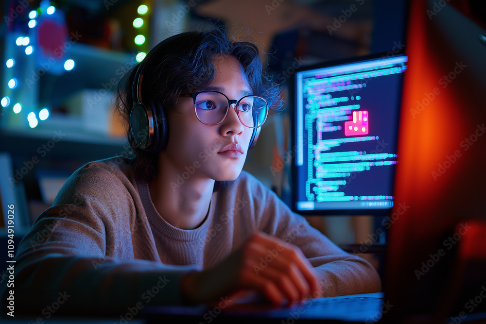 Focused Young Male Programmer with Glasses and Headphones Coding in a Dimly Lit Room with Computer Screens Displaying Code. Focused Young Male Programmer with Glasses and Headphones Coding in a Dimly Lit Room with Computer Screens Displaying Code.