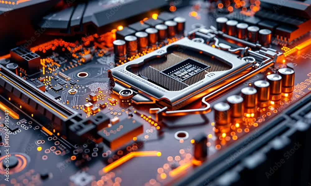 Close-up of a computer motherboard with a processor socket, capacitors, and circuit boards. Close-up of a computer motherboard with a processor socket, capacitors, and circuit boards.