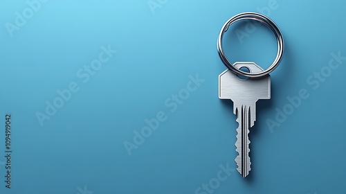 Key on keychain minimalist design blue background close-up view