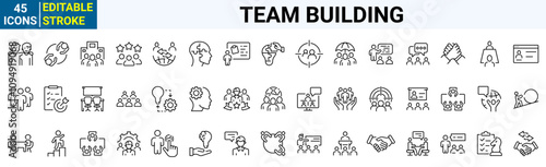 Team Building web line icons. Workshop set. Collaboration, teamwork, coaching.