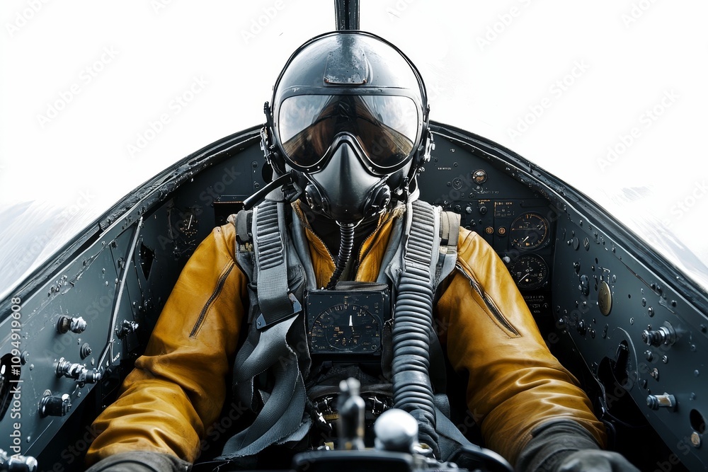 Pilot in vintage aircraft cockpit, wearing oxygen mask. Stock ...