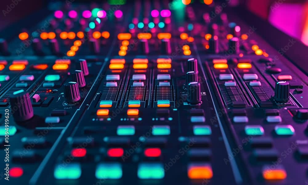 Close-up of a soundboard with buttons and knobs in a colorful purple and blue neon light. Close-up of a soundboard with buttons and knobs in a colorful purple and blue neon light.