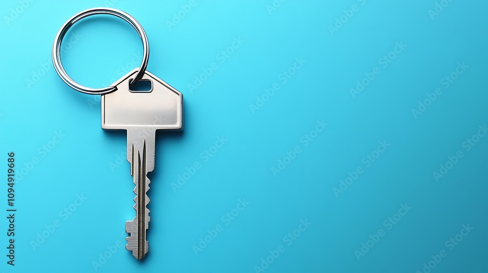 Key on blue background close-up conceptual image minimalist style Key on blue background close-up conceptual image minimalist style