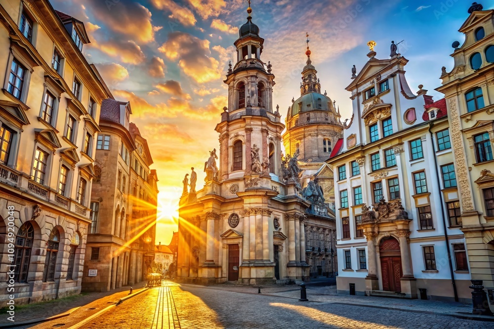 Naklejka premium Captivating Urban Exploration: Sunlit Baroque Architecture Showcasing Intricate Details and Historic Grandeur in a Vibrant City Setting