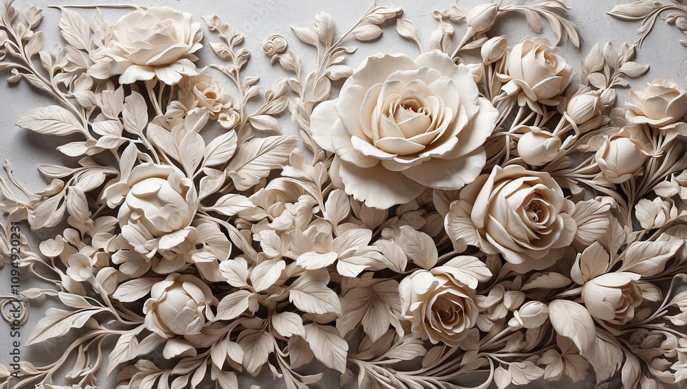 An Intricate White Relief of Roses and Flowers An Intricate White Relief of Roses and Flowers
