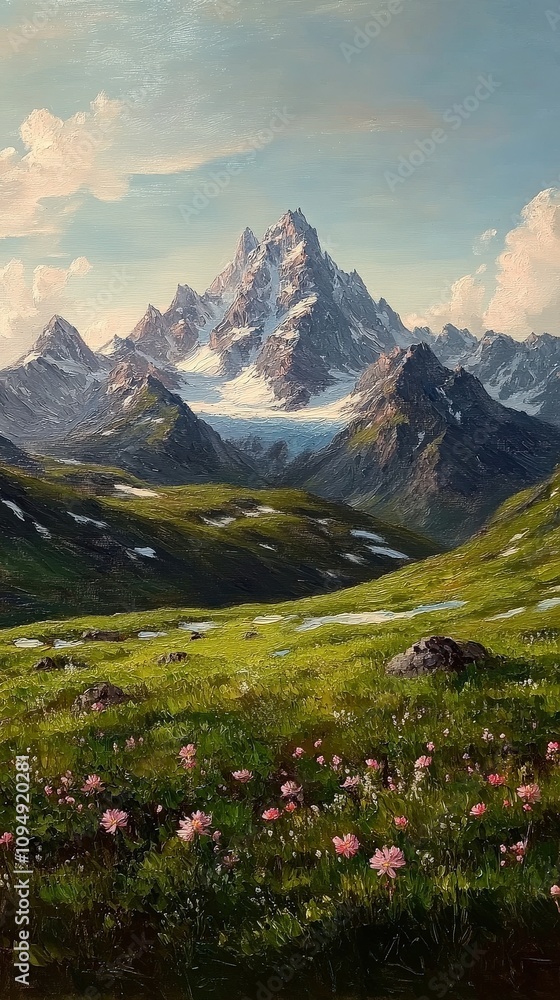 Majestic Mountain Landscape with Snow, Green Valleys, Wildflowers, and Blue Sky - Stunning Scenic View for Nature, Hiking, and Travel Enthusiasts Majestic Mountain Landscape with Snow, Green Valleys, Wildflowers, and Blue Sky - Stunning Scenic View for Nature, Hiking, and Travel Enthusiasts