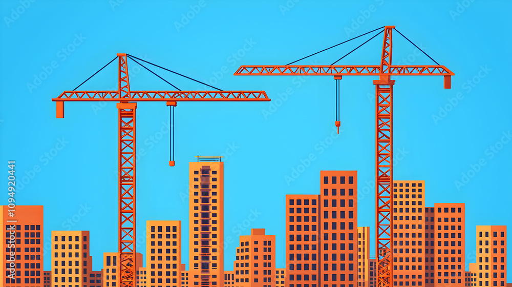 Construction activity with cranes urban landscape digital illustration bright sky creative perspective industrial development Construction activity with cranes urban landscape digital illustration bright sky creative perspective industrial development