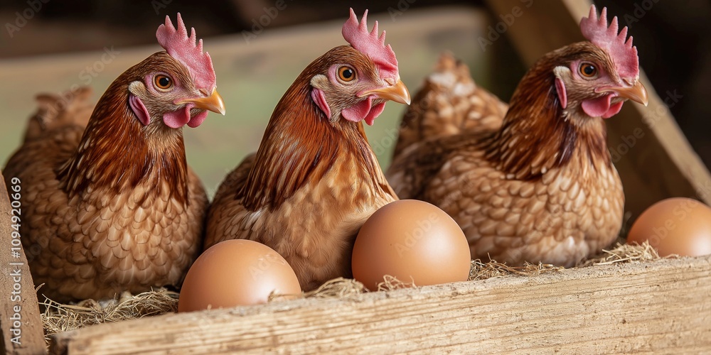 Fototapeta premium A trio of chickens sits beside freshly laid eggs, illustrating the rustic charm of farm life and nature.