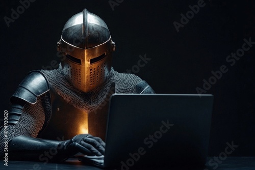 A captivating image of a medieval knight in full armor engaging with a modern laptop, highlighting the blend of past and present technology in an intricate display. photo