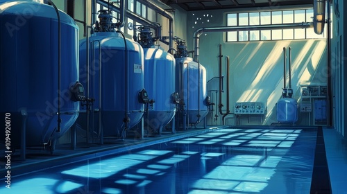 Modern Industrial Facility with Blue Storage Tanks and Sunlight photo