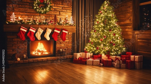 Wallpaper Mural Cozy Christmas Living Room with Decorated Tree, Warm Fireplace, Stockings, and Gifts in a Festive Atmosphere Perfect for Holiday Celebrations Torontodigital.ca