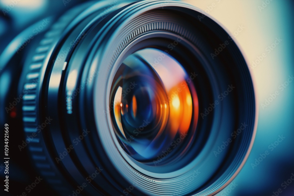 An artistic close-up of a camera lens glistening with colors and reflections, ready to capture moments. An artistic close-up of a camera lens glistening with colors and reflections, ready to capture moments.