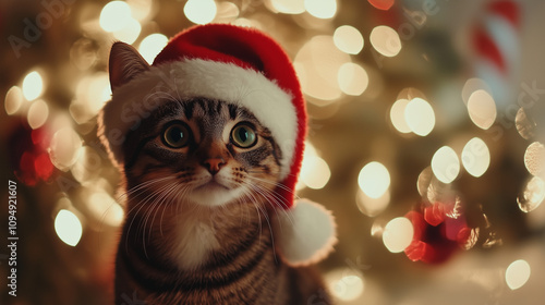 Beautiful kitten with green eyes in a red Santa Claus hat on a bokeh lights background. Cat in a Santa hat waiting for Christmas, sitting on a light background. Copy space. photo