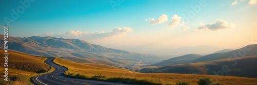 A tranquil summer scene featuring a winding road through a picturesque valley surrounded by rolling hills, natural scenery, rolling hills