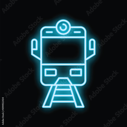 Blue neon icon of a train, glowing on a black background, representing modern and convenient urban transportation