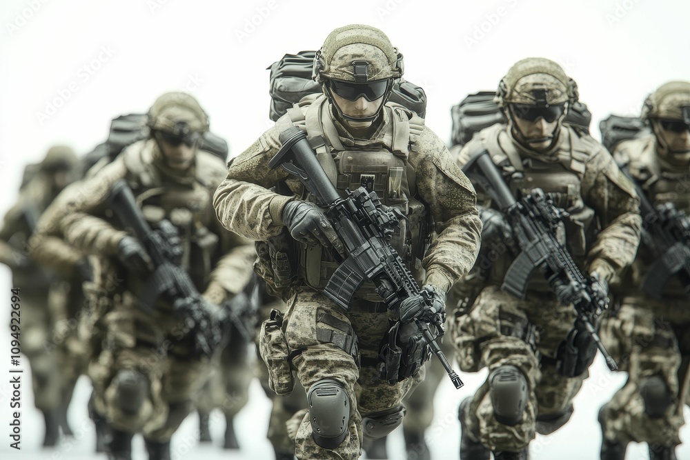 Camouflaged soldiers advance, rifles ready. Camouflaged soldiers advance, rifles ready.