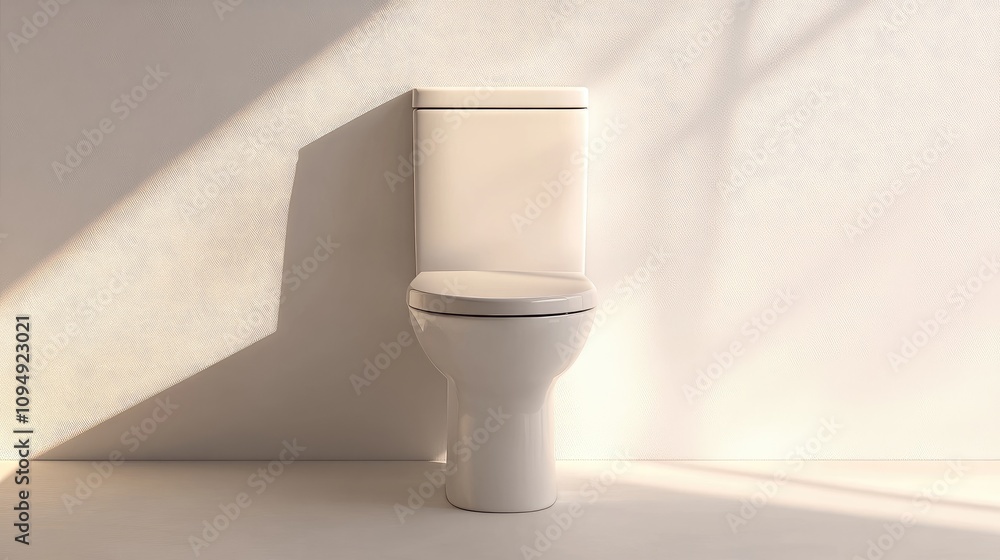 Modern White Toilet in Minimalist Bathroom Setting with Soft Natural Light and Clean Lines Casting Subtle Shadows on Neutral Wall Modern White Toilet in Minimalist Bathroom Setting with Soft Natural Light and Clean Lines Casting Subtle Shadows on Neutral Wall