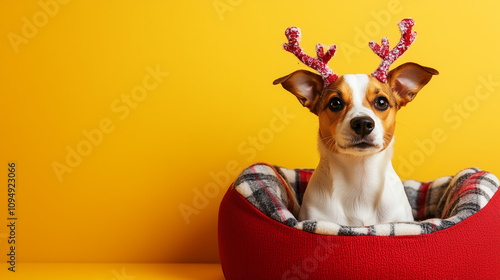 Cute dog with deer antlers sitting in pet bed on yellow background with space for text. photo