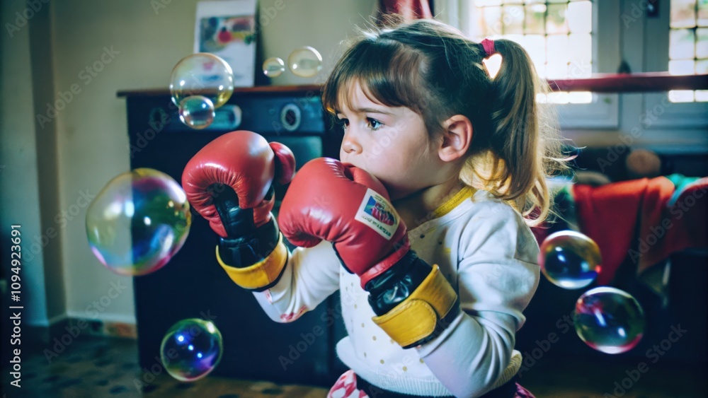 Fototapeta premium A Young Girl Wearing Boxing Gloves with Bubbles Floating Around Her