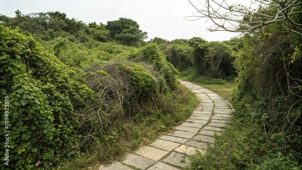 A winding stone path leading through a dense thicket of overgrown bushes, foliage, natural scenery A winding stone path leading through a dense thicket of overgrown bushes, foliage, natural scenery