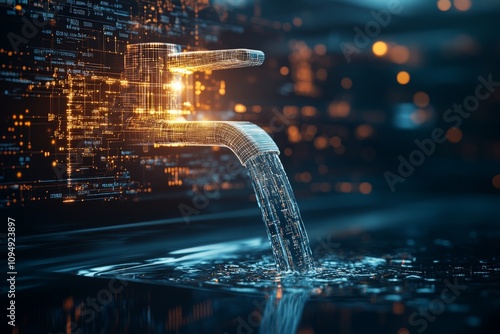 A futuristic digital faucet pouring streams of data, symbolizing the flow of information in the internet age, emphasizing the connectivity and digital transformation.