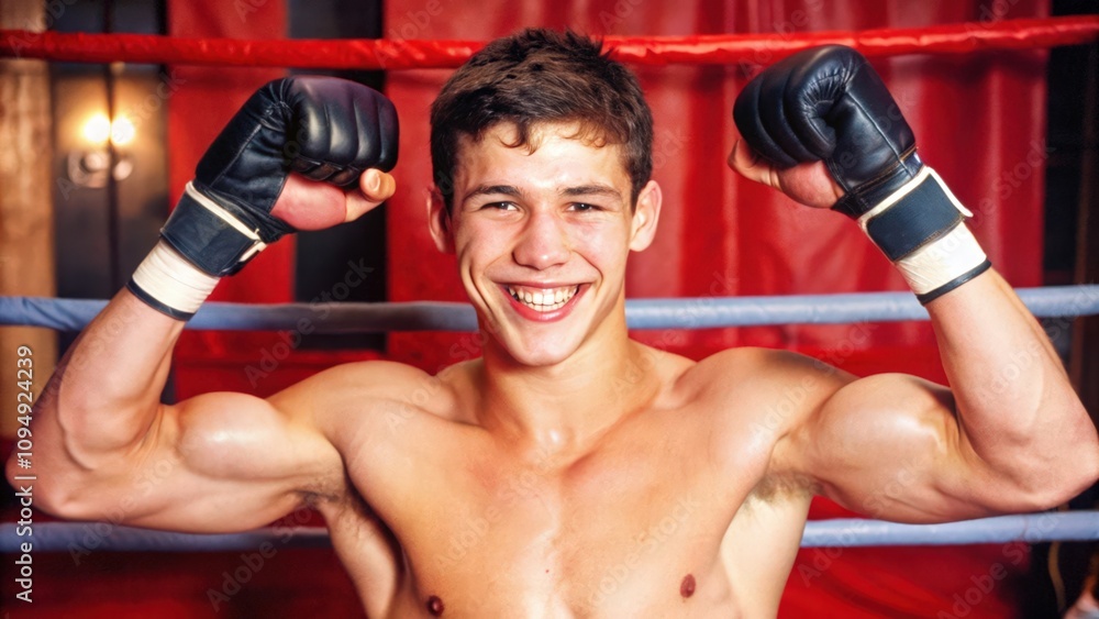 A young male boxer celebrates his victory in the boxing ring. A young male boxer celebrates his victory in the boxing ring.