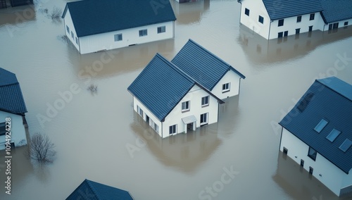 Aerial view of Japanese houses submerged in water during flood due to heavy rain photo