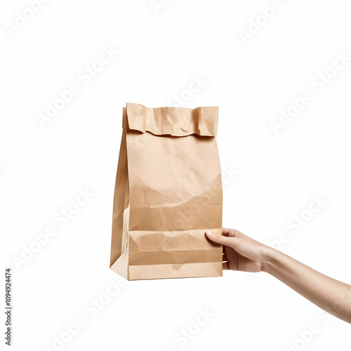 Right hand holidng a brown paper bag isolated on white with clipping path photo