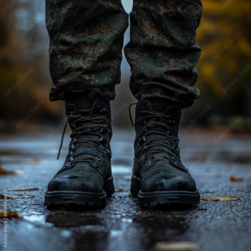 Muddy combat boots, camouflage pants, wet ground. Muddy combat boots, camouflage pants, wet ground.