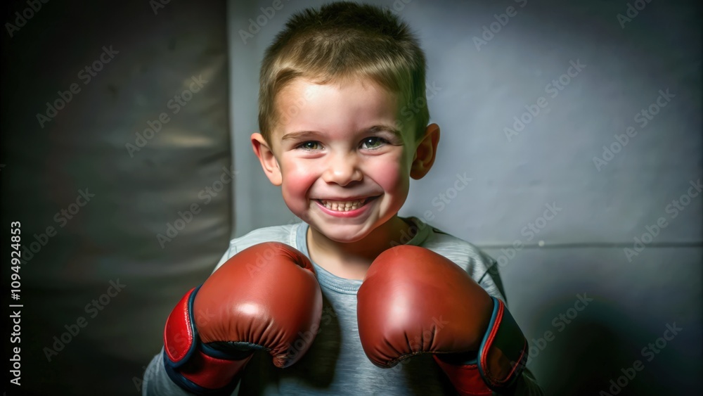 A young boy wearing red boxing gloves smiles confidently. A young boy wearing red boxing gloves smiles confidently.