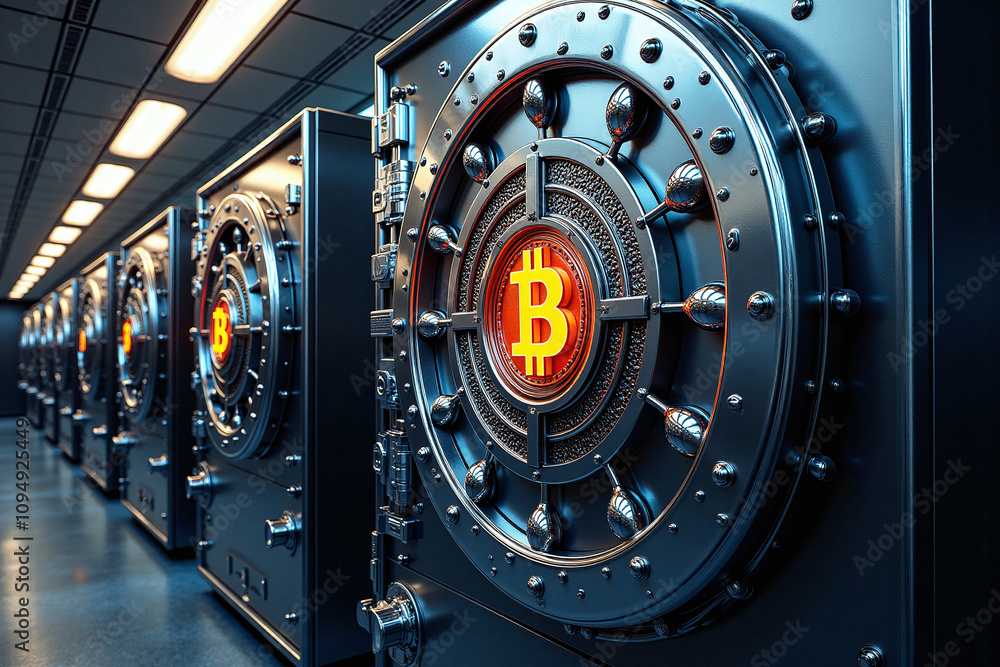 Rows of heavy steel vault holding bitcoin crypto, high security storage, in an underground treasury facility. Government, company strategic bitcoin reserve. Securing cryptocurrency offline. Concept. Rows of heavy steel vault holding bitcoin crypto, high security storage, in an underground treasury facility. Government, company strategic bitcoin reserve. Securing cryptocurrency offline. Concept.