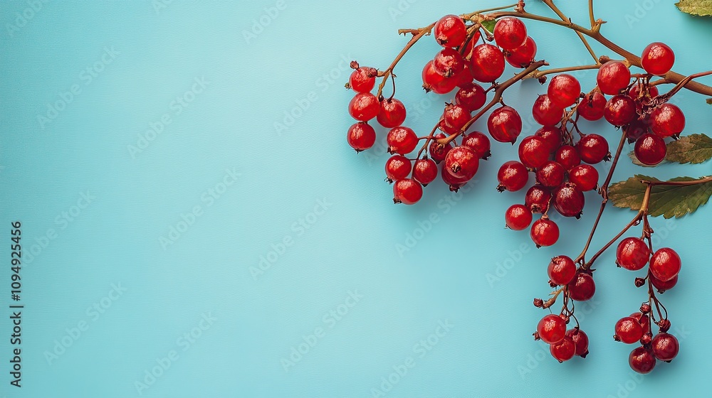 Red berries on a branch against a blue background. Red berries on a branch against a blue background.