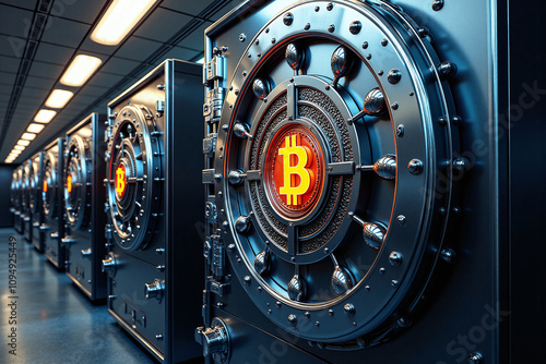 Rows of heavy steel vault holding bitcoin crypto, high security storage, in an underground treasury facility. Government, company strategic bitcoin reserve. Securing cryptocurrency offline. Concept.