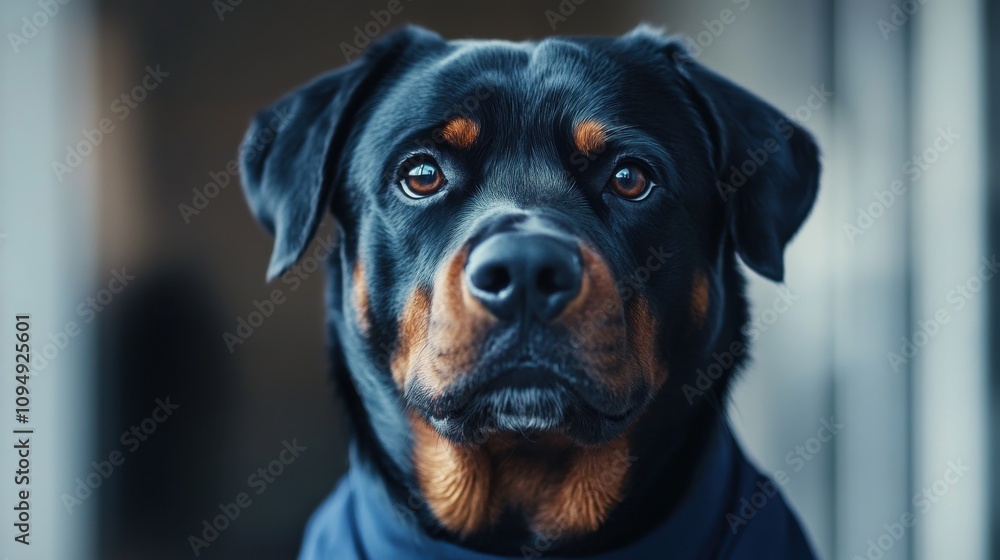 Obraz premium A Rottweiler with a glossy coat and attentive expression gazes into the camera. The soft lighting accentuates its features while it wears a blue collar, creating a striking portrait.