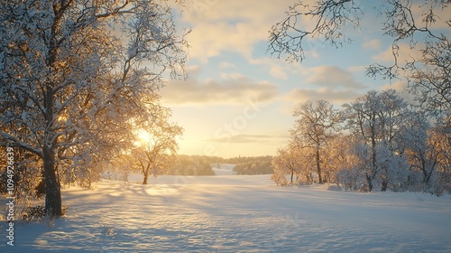 Snow-covered romantic winter landscape scene with low light.