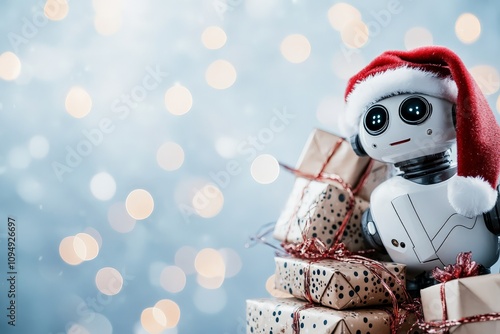 Playful robot wearing a Santa hat surrounded by neatly wrapped presents set against a backdrop filled with soft bokeh lights, suggesting holiday joy and cheer. photo