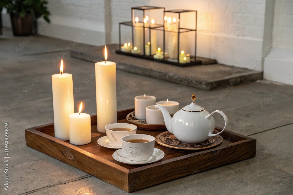 Candles and tea set on a low pedestal, soft focus, peaceful Candles and tea set on a low pedestal, soft focus, peaceful