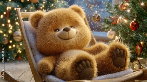 A cute teddy bear relaxes in a rocking chair, surrounded by festive decorations and a Christmas tree, evoking warmth and holiday cheer.