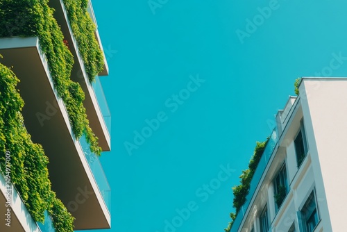 Two modern tall buildings with balconies covered in lush greenery against the backdrop photo