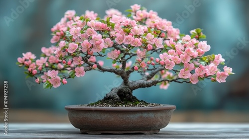 A beautiful bonsai tree with pink blossoms, showcasing nature's artistry in a decorative pot.