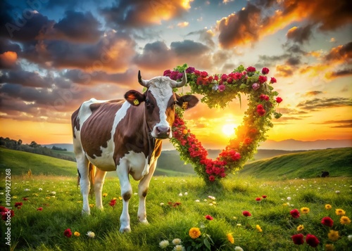 Charming Landscape Photography of a Cow Amidst a Romantic Valentine’s Day Setting, Perfect for Heartwarming Cards and Seasonal Decor photo