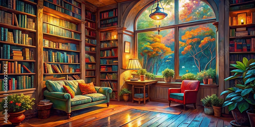 Charming Oil Painting Depicting a Cozy Little Bookstore Filled with Colorful Shelves, Warm Lighting, and a Welcoming Atmosphere for Book Lovers and Art Enthusiasts Charming Oil Painting Depicting a Cozy Little Bookstore Filled with Colorful Shelves, Warm Lighting, and a Welcoming Atmosphere for Book Lovers and Art Enthusiasts