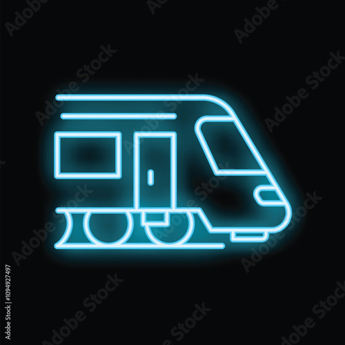 Neon icon of modern high speed train glowing on dark background