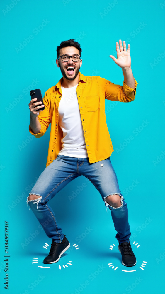 Energetic Young Man with Smartphone: Casual Tech Enthusiasm for Mobile App Promotion or Youth-Oriented Marketing Energetic Young Man with Smartphone: Casual Tech Enthusiasm for Mobile App Promotion or Youth-Oriented Marketing