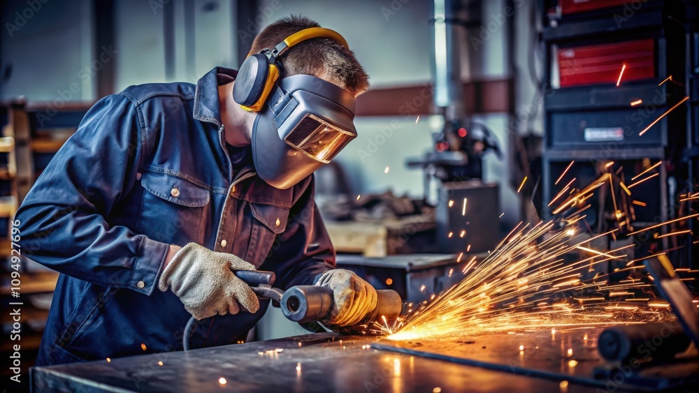 Welder in Protective Gear Grinding Metal with Sparks Flying Welder in Protective Gear Grinding Metal with Sparks Flying