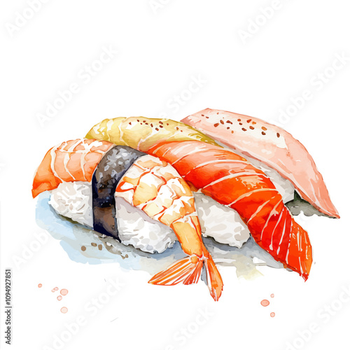 A watercolor drawing of Nigiri Sushi, isolated on a white background. Nigiri Sushi vector.