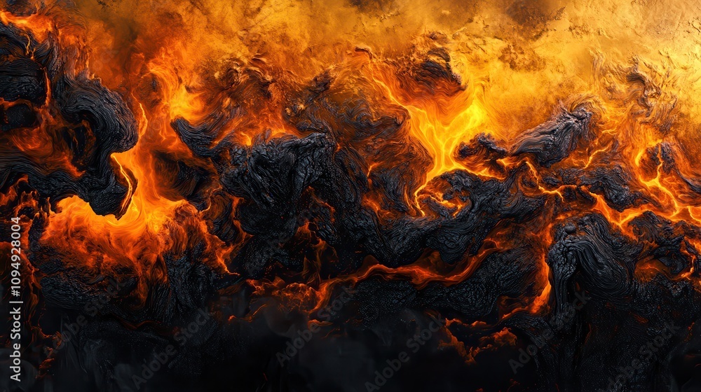 A dramatic depiction of flowing lava with vibrant orange and black textures. A dramatic depiction of flowing lava with vibrant orange and black textures.