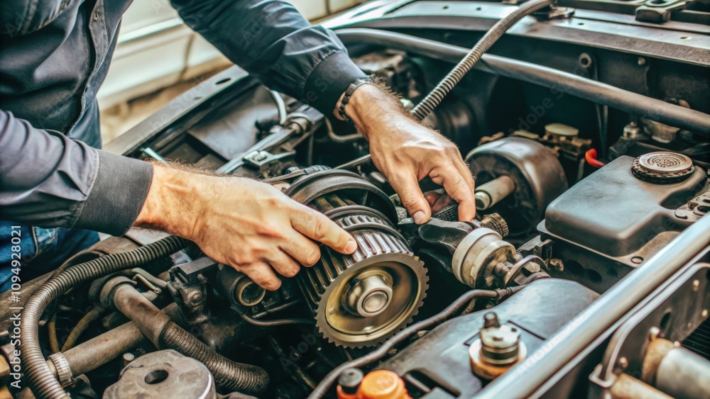 A Mechanic's Hand Working on a Car Engine