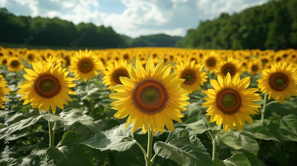 Obraz premium A vibrant field of sunflowers under a blue sky, showcasing nature's beauty and tranquility.